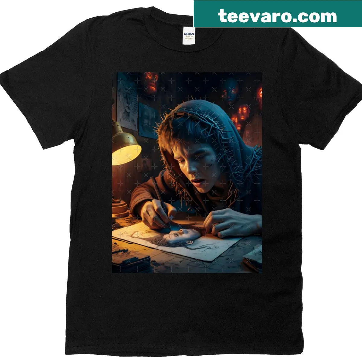 Graphic T-shirt featuring intricate veil of thorns design — on a men's t-shirt