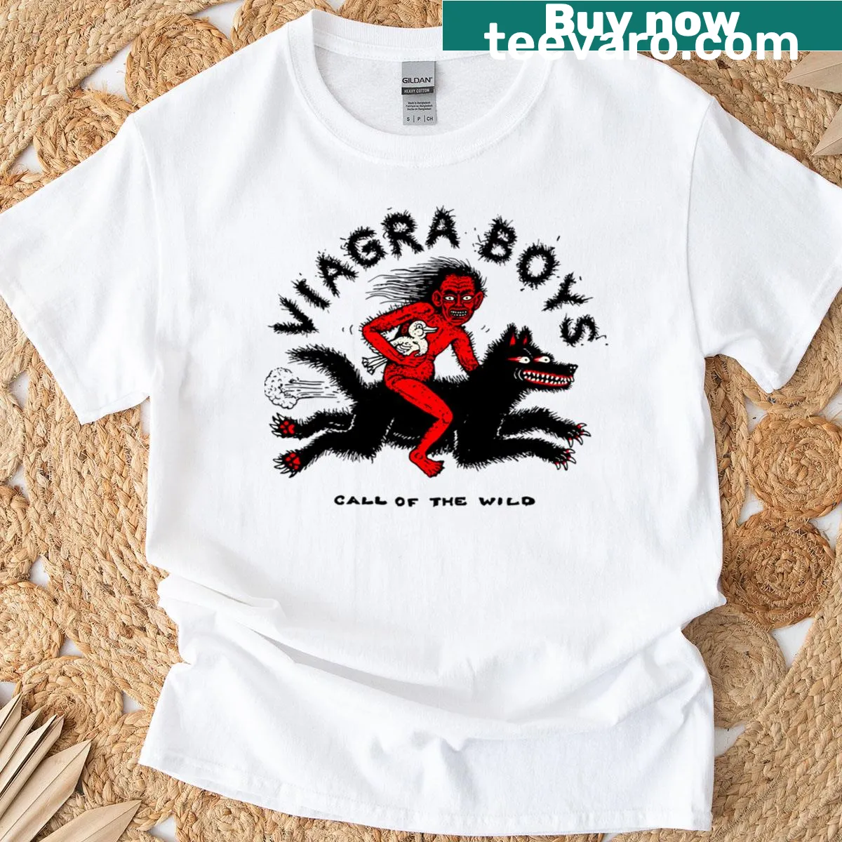 Bold graphic of Viagra Boys band on T-shirt — on a men's t-shirt