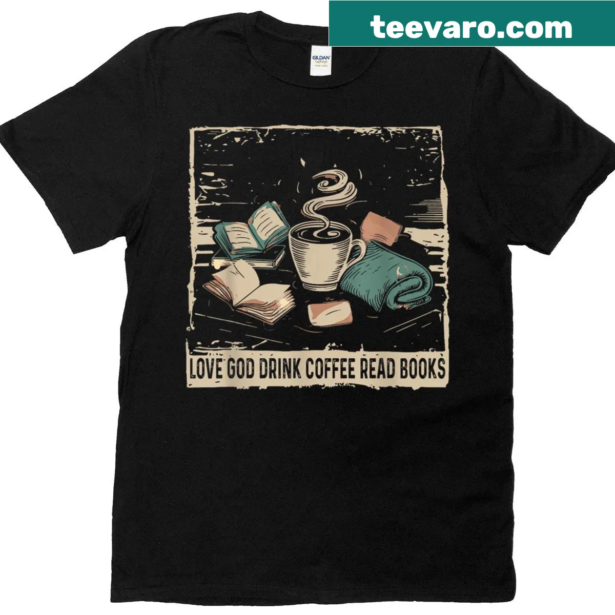 Vintage Christian tee with a message about love, coffee, and books. — on a men's t-shirt