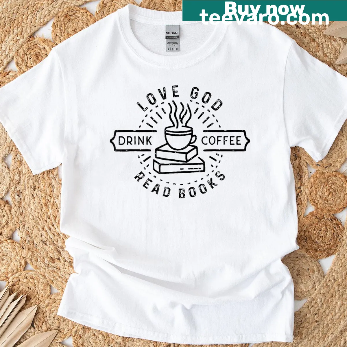 Typography design conveying love for coffee, reading, and faith on a T-shirt — on a men's t-shirt