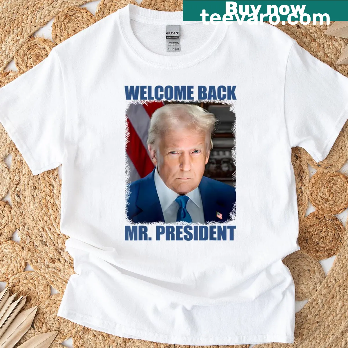 Funny graphic t-shirt featuring a cartoon portrait of Donald Trump — on a men's t-shirt