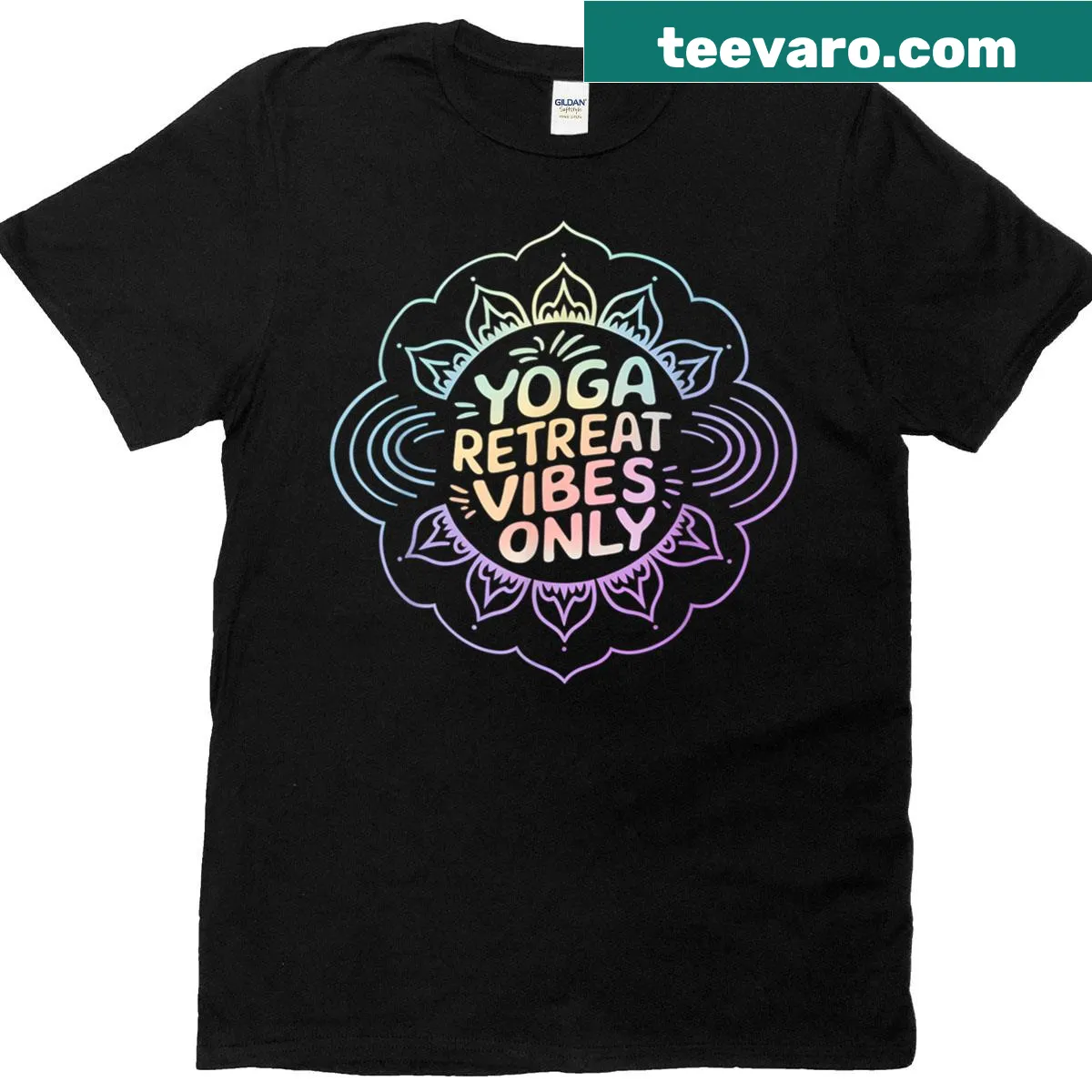 Yoga Retreat Vibes Only t-shirt with inspiring typography — on a men's t-shirt