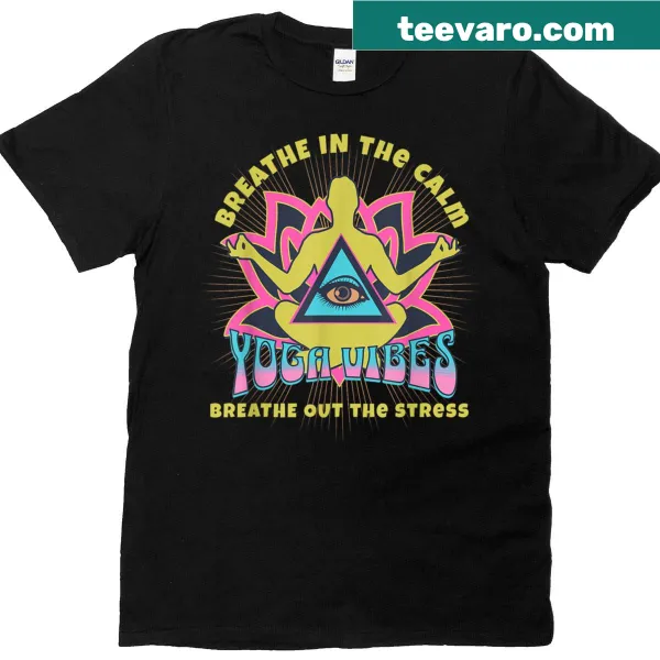 Yoga tee featuring a lotus mandala and breathing technique graphic.