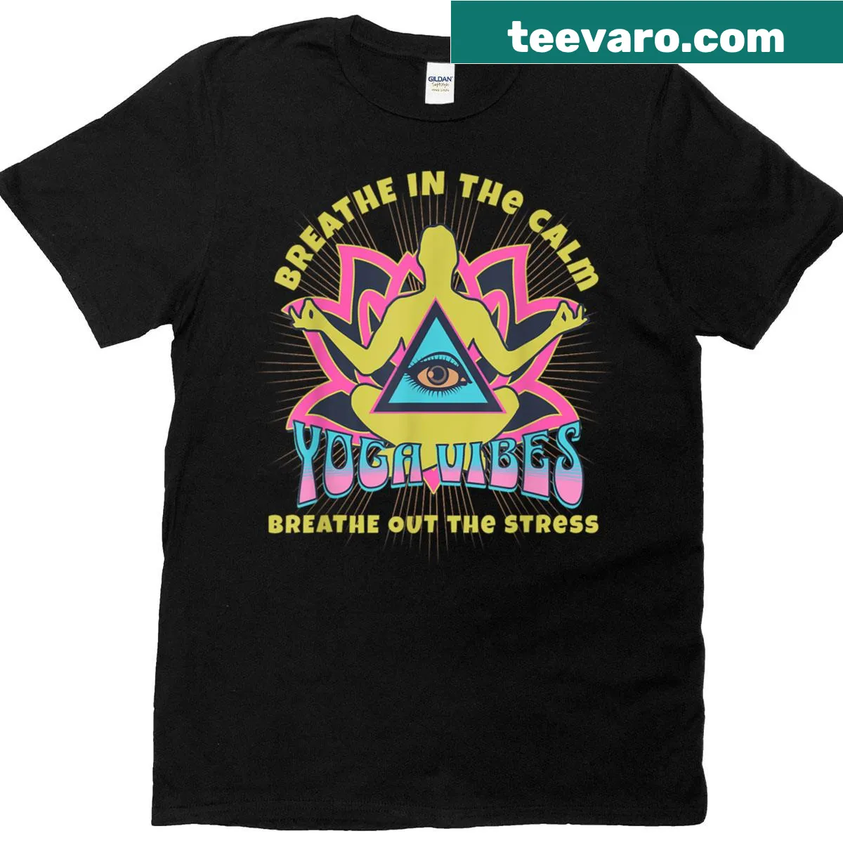 Yoga tee featuring a lotus mandala and breathing technique graphic. — on a men's t-shirt