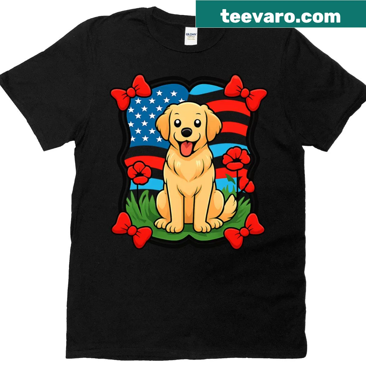 Cute 4th of July shirt featuring a golden dog with a bow — on a men's t-shirt