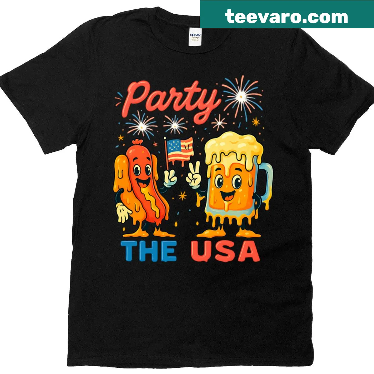 Funny T-shirt with hotdog graphic for Fourth of July. — on a men's t-shirt