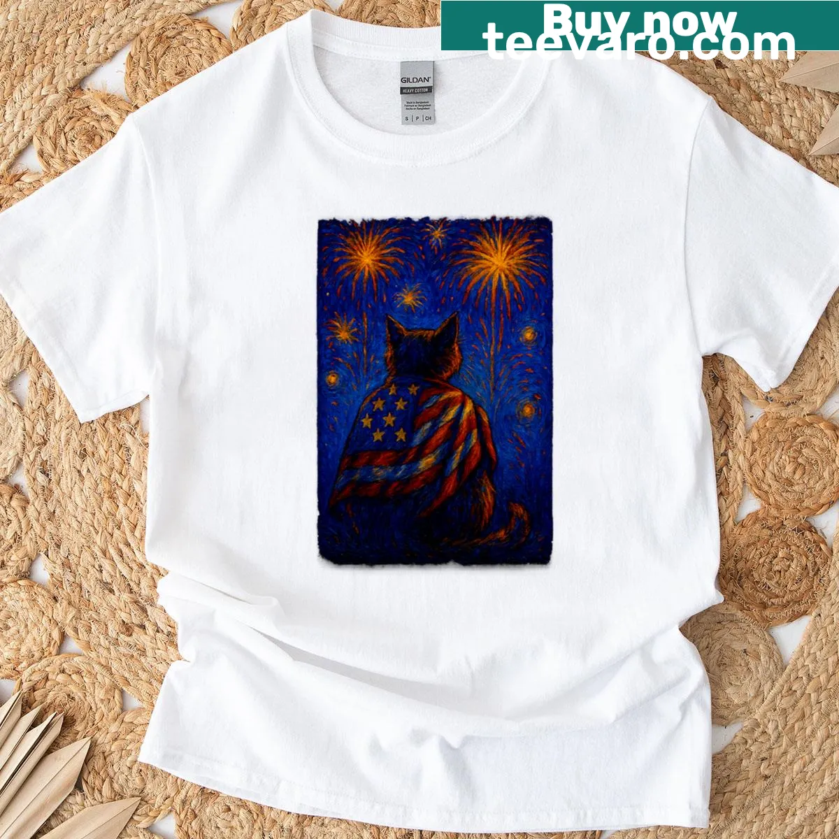 Artistic cat with American flag inspired by Van Gogh for July 4th — on a men's t-shirt