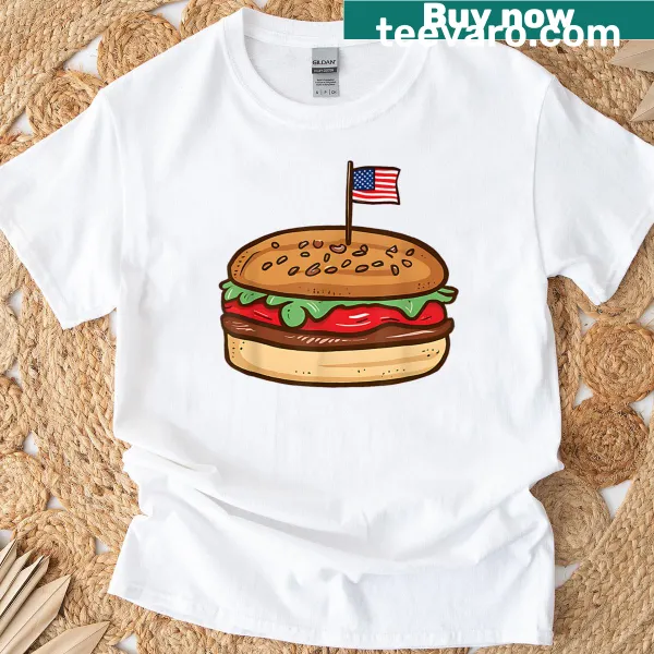 Patriotic cheeseburger graphic on Fourth of July T-shirt