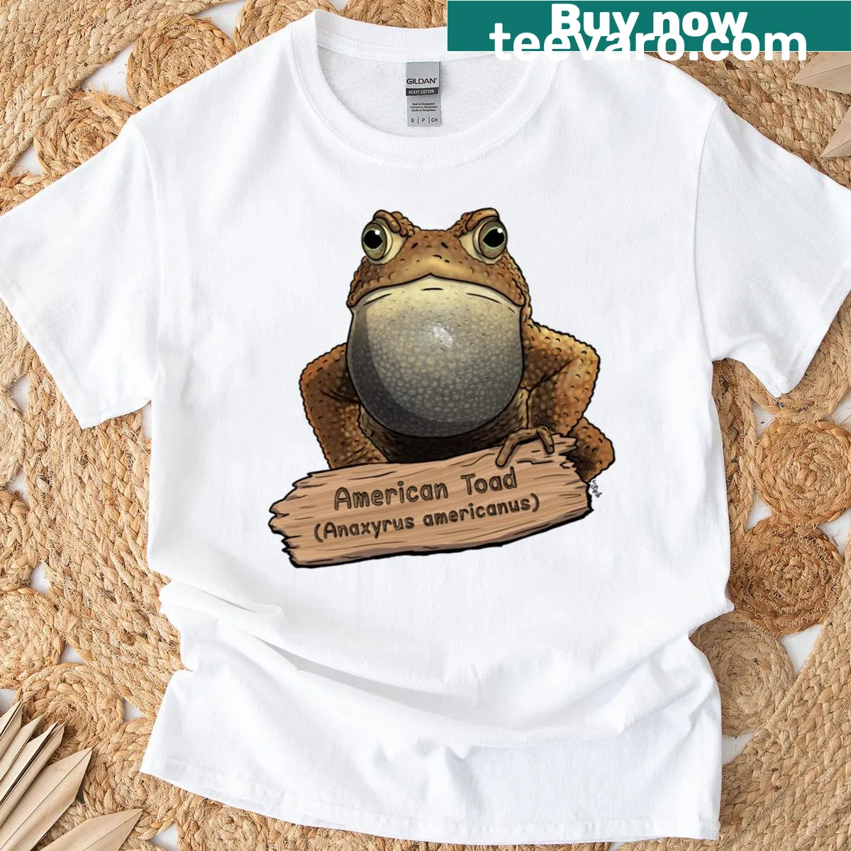Illustration of an American toad on a nature-themed t-shirt — on a men's t-shirt