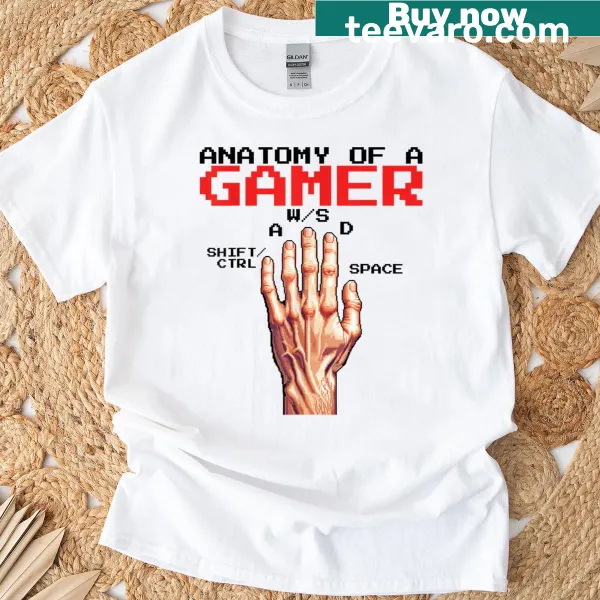 Funny graphic detailing the 'Anatomy of a Gamer' on T-shirt