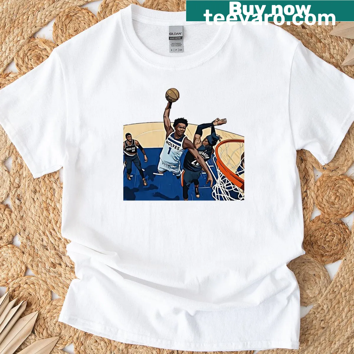T-shirt featuring a graphic of Anthony Edwards dunking — on a men's t-shirt