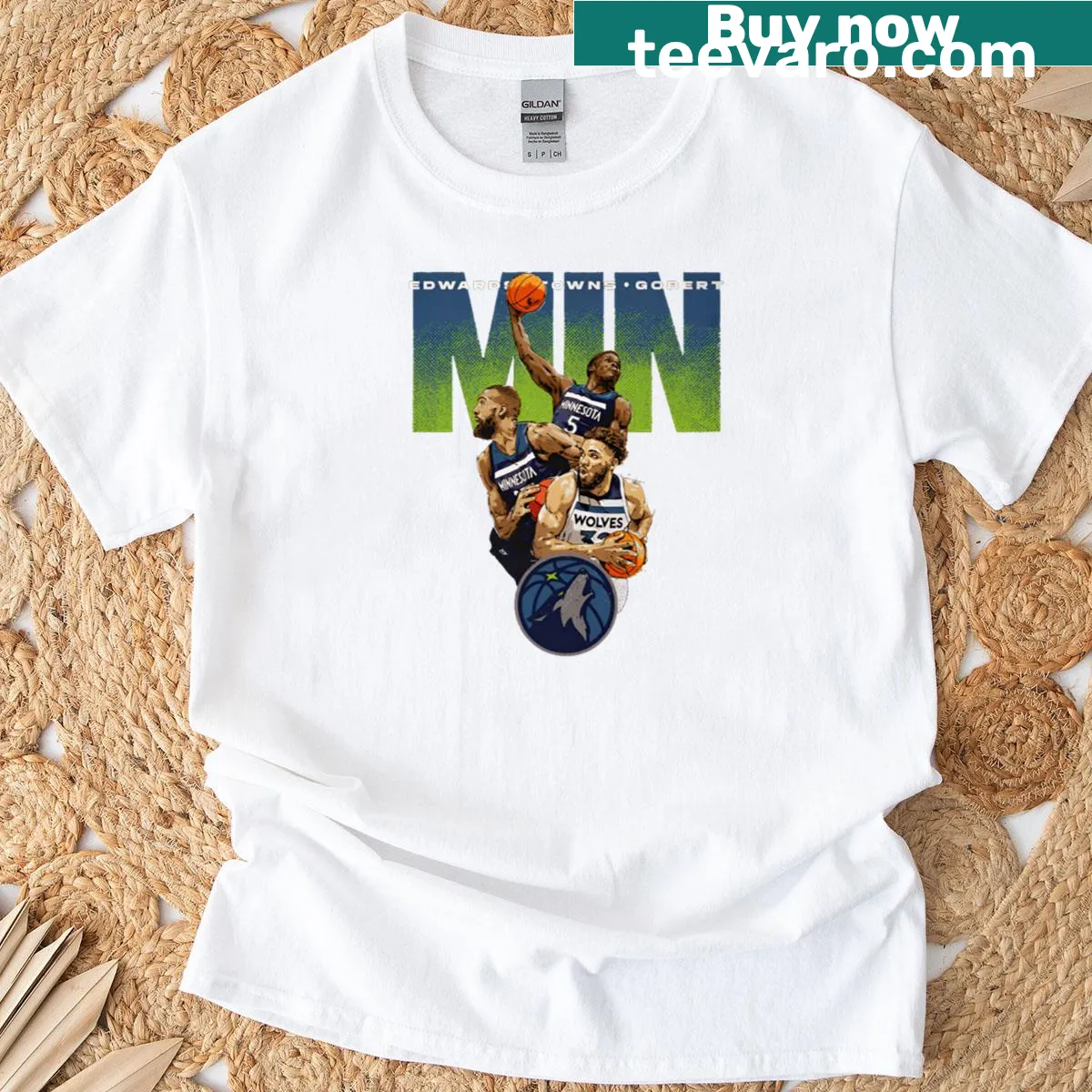 T-shirt featuring a graphic of Edwards, Towns, and Gobert trio — on a men's t-shirt