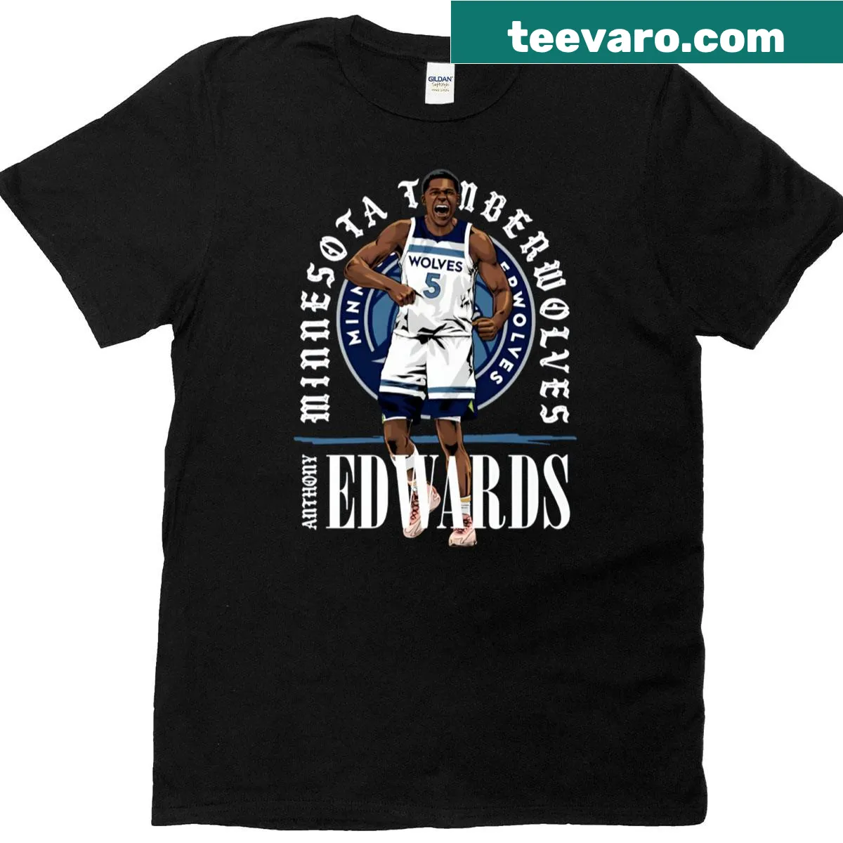 Minnesota Timberwolves T-shirt with Anthony Edwards shield emblem — on a men's t-shirt