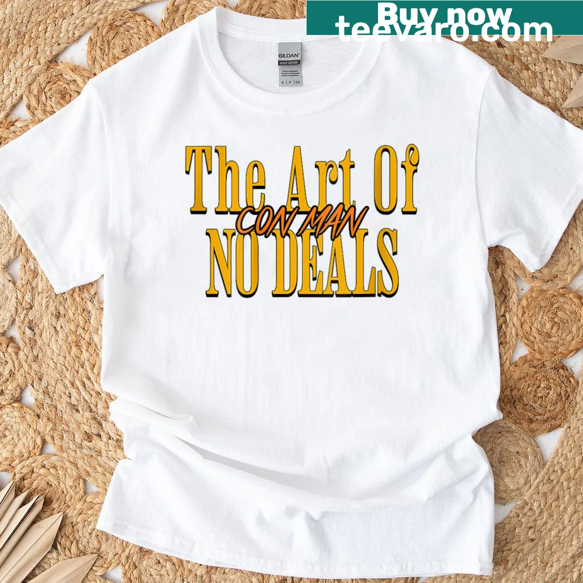 Raglan tee with sarcastic humor text about deals and con artistry — on a men's t-shirt