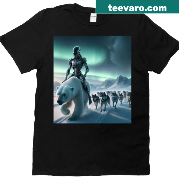 Illustration of an alien leading arctic animals on a T-shirt