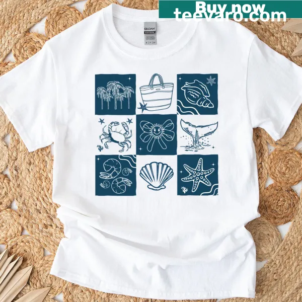Beach-themed illustration t-shirt with palm trees and waves