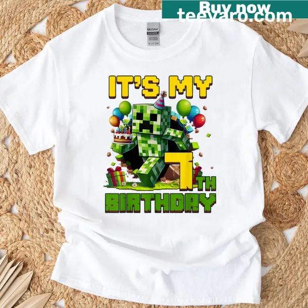 T-shirt designed for a 7-year-old featuring a pixel gamer theme for birthday celebrations.