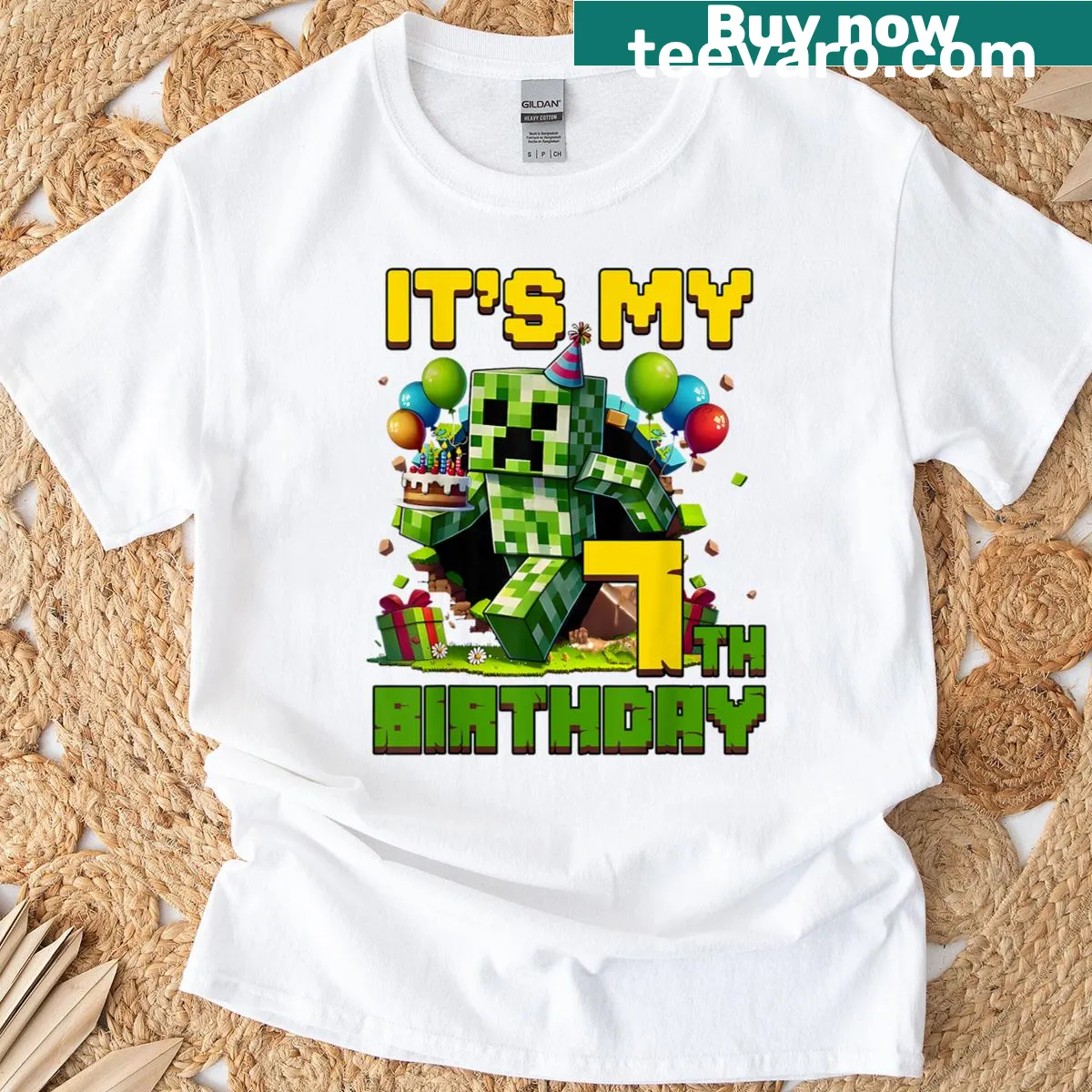 T-shirt designed for a 7-year-old featuring a pixel gamer theme for birthday celebrations. — on a men's t-shirt