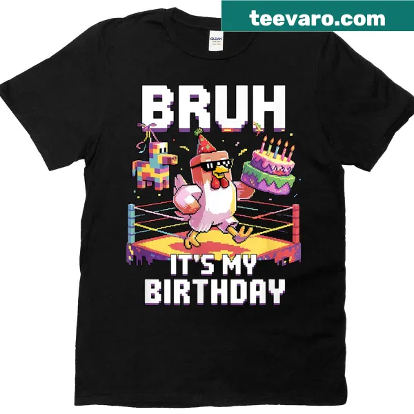 Birthday T-shirt with pixelated chicken and gamer theme