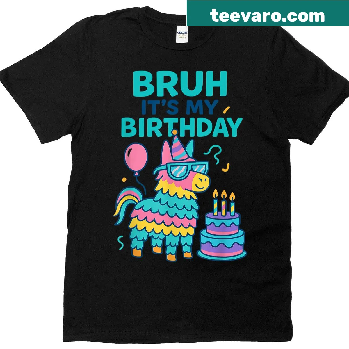 Funny birthday T-shirt with llama graphic and piñata theme — on a men's t-shirt