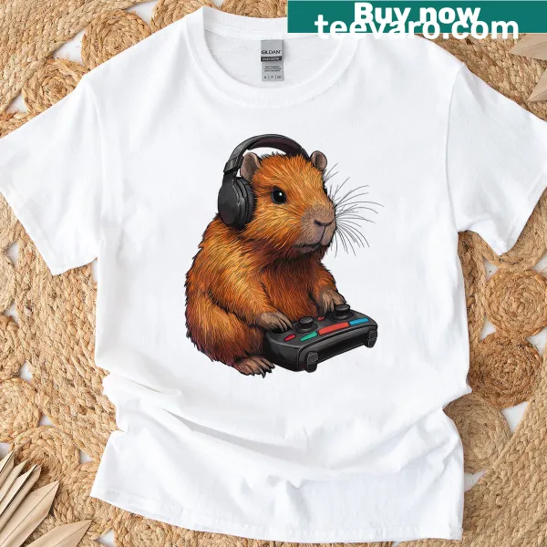 Cartoon capybara immersed in gaming on a funny graphic t-shirt