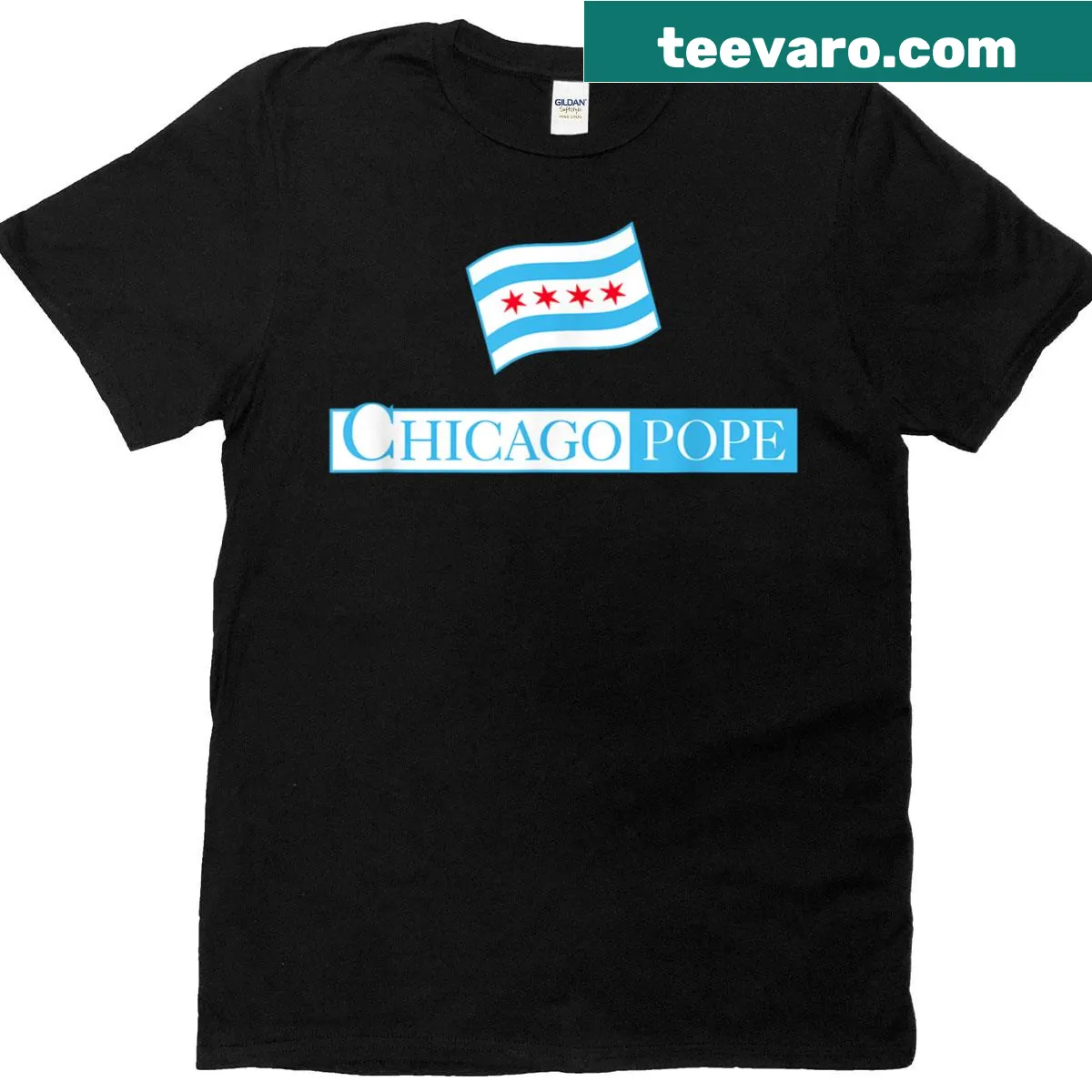 Illustration of Pope Leo XIV with Chicago flag on t-shirt — on a men's t-shirt