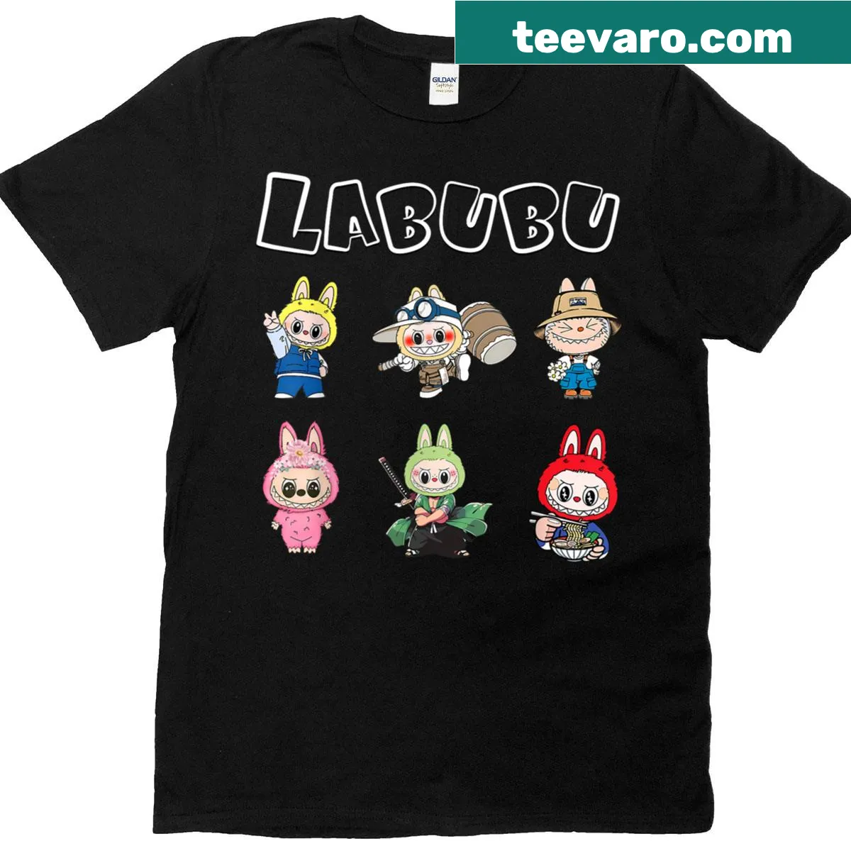 Funny t-shirt featuring the character Labubu in a cartoon style — on a men's t-shirt