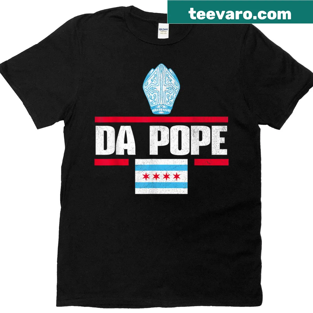 T-shirt featuring Pope Leo XIV and Chicago flag design — on a men's t-shirt