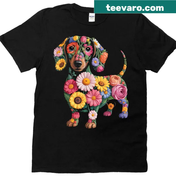 Funny dachshund t-shirt with whimsical flower design