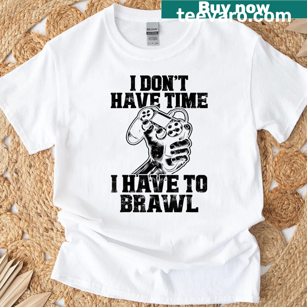 Funny gaming t-shirt with controller graphic and playful text — on a men's t-shirt