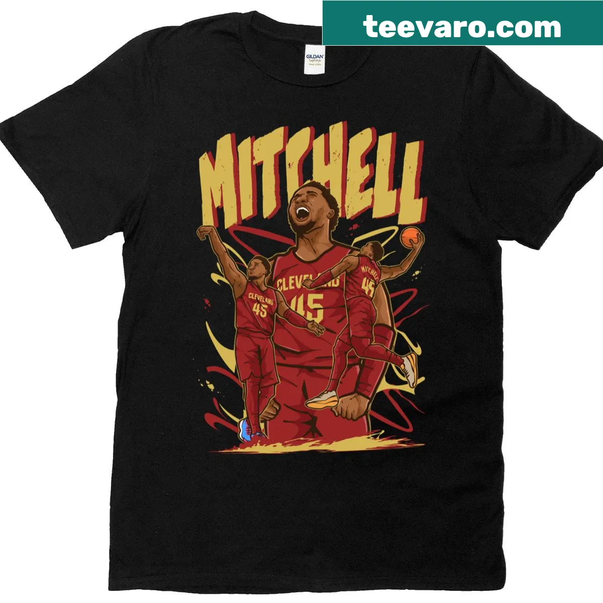 Cartoon T-shirt featuring an animated design of Donovan Mitchell. — on a men's t-shirt