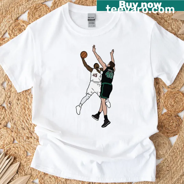 Basketball t-shirt featuring Donovan Mitchell dunking over Luke Kornet