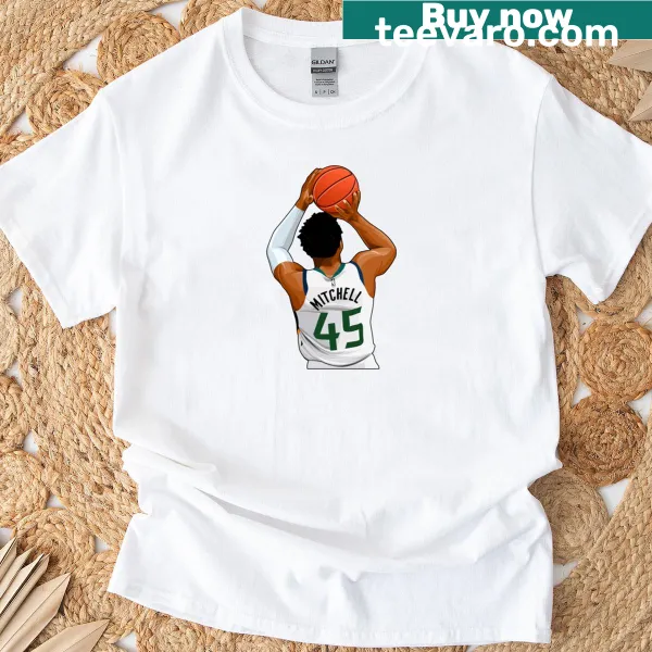 Illustrative t-shirt featuring No45 Donovan Mitchell in action.