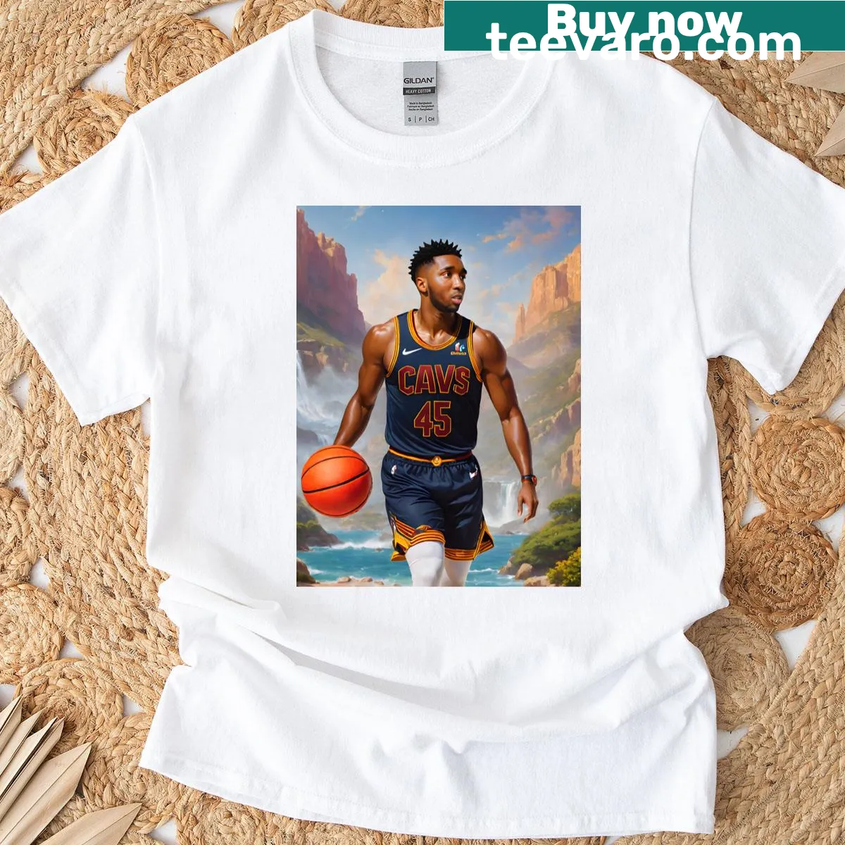 Oil painting style t-shirt featuring Donovan Mitchell in action. — on a men's t-shirt