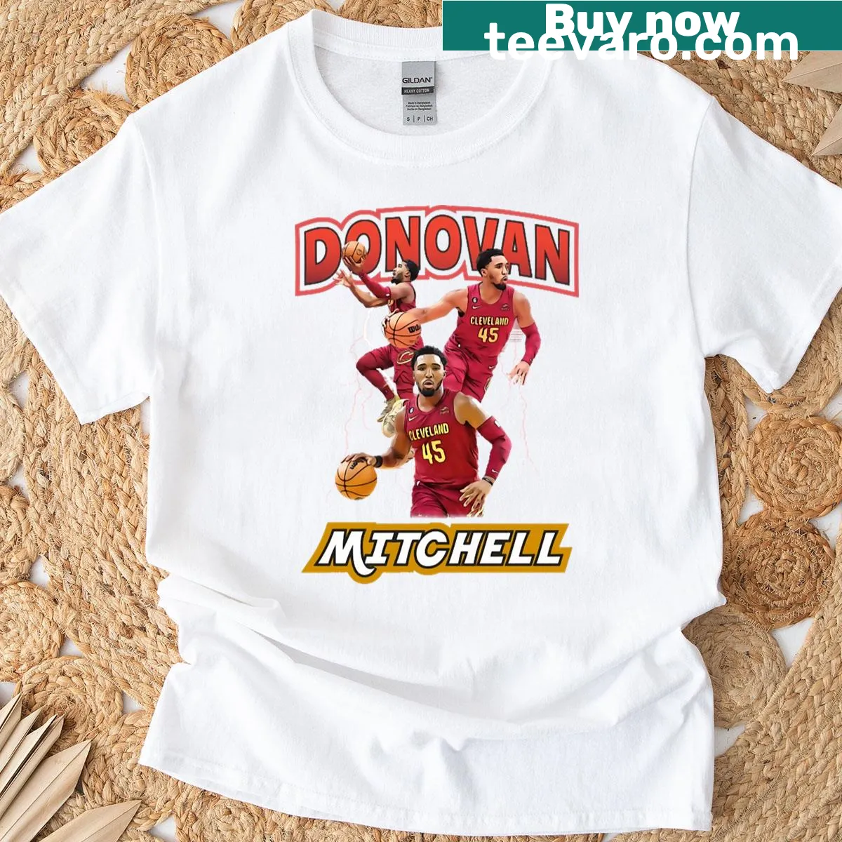 Dynamic typography t-shirt featuring Donovan Mitchell and basketball themes. — on a men's t-shirt