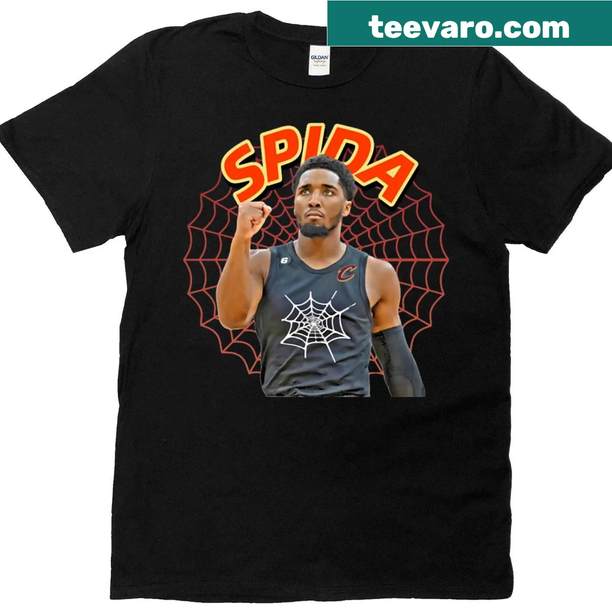 T-shirt featuring Donovan Mitchell and Cavaliers graphics — on a men's t-shirt