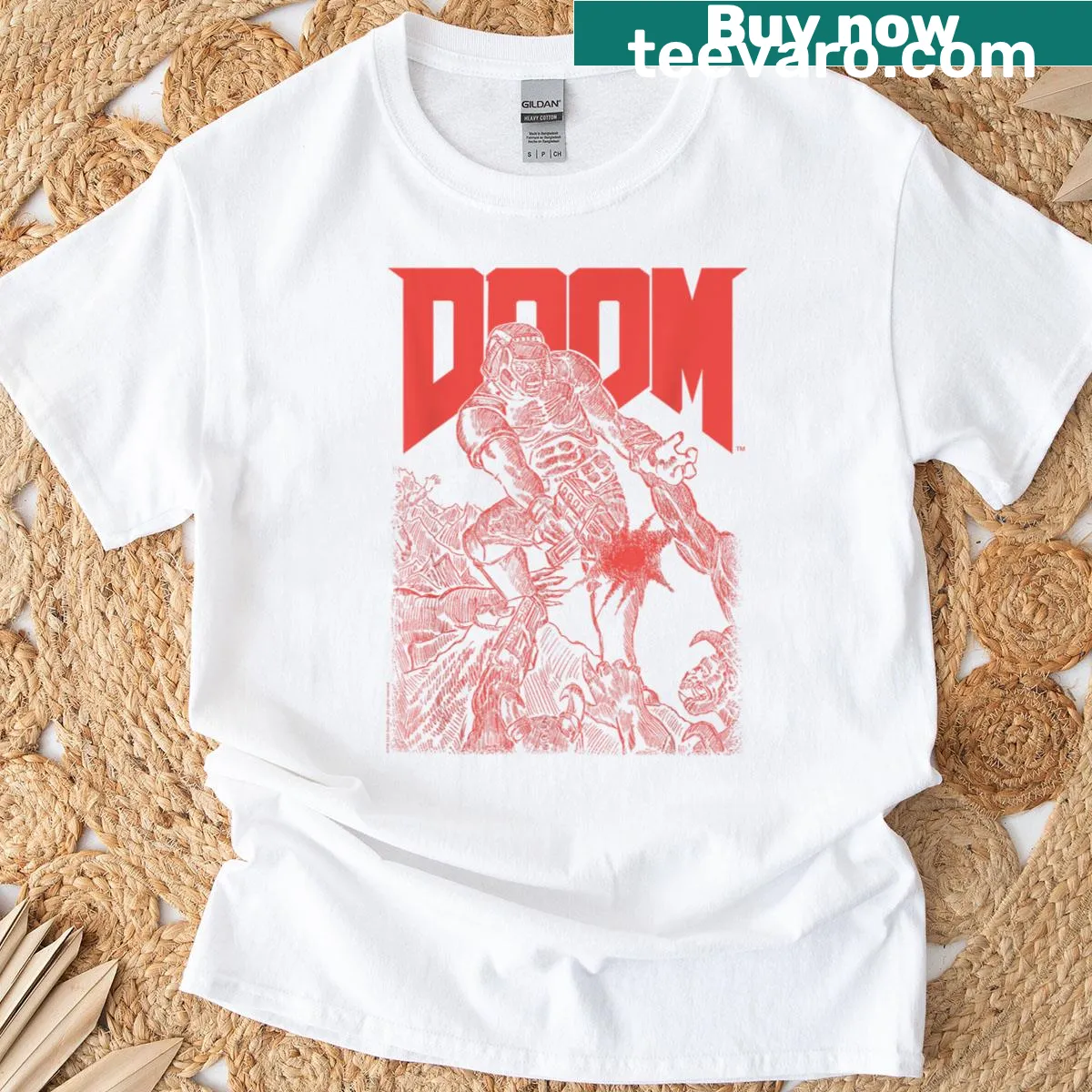 Retro video game t-shirt featuring sketched Doom cover art — on a men's t-shirt