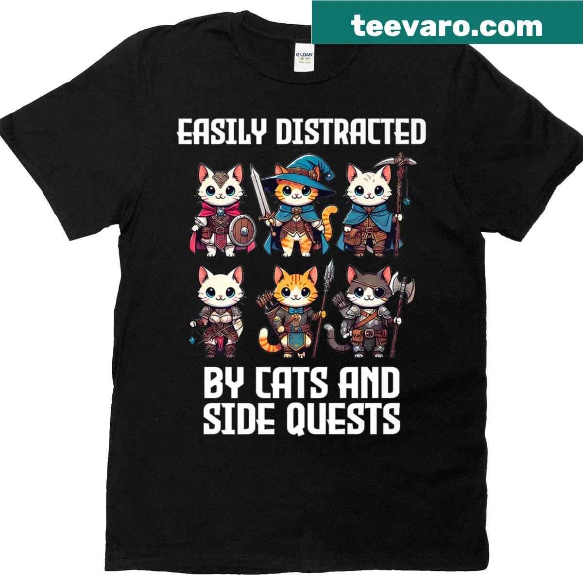 Funny gamer T-shirt with text about cats and side quests — on a men's t-shirt