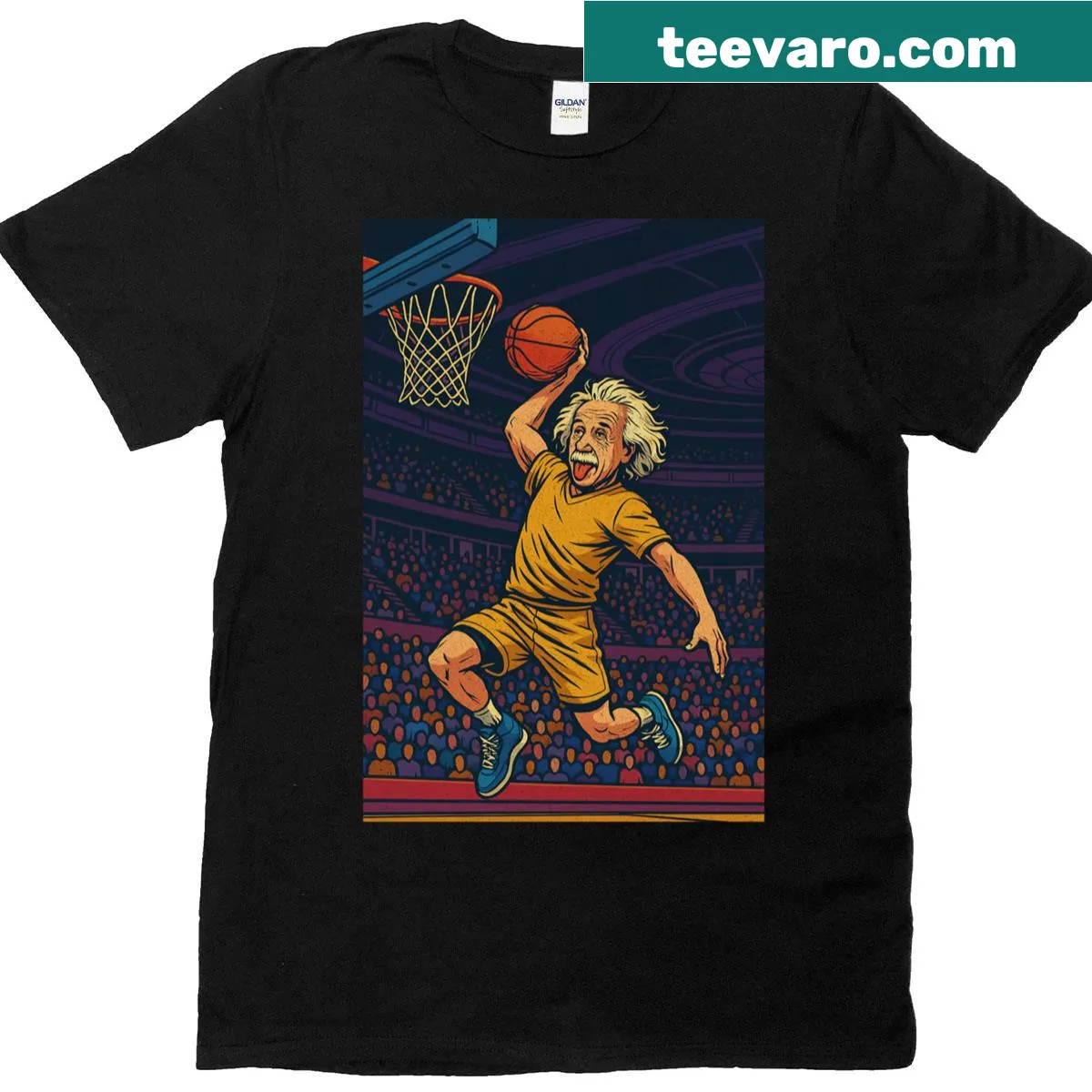 T-shirt featuring Einstein graphic playing basketball — on a men's t-shirt