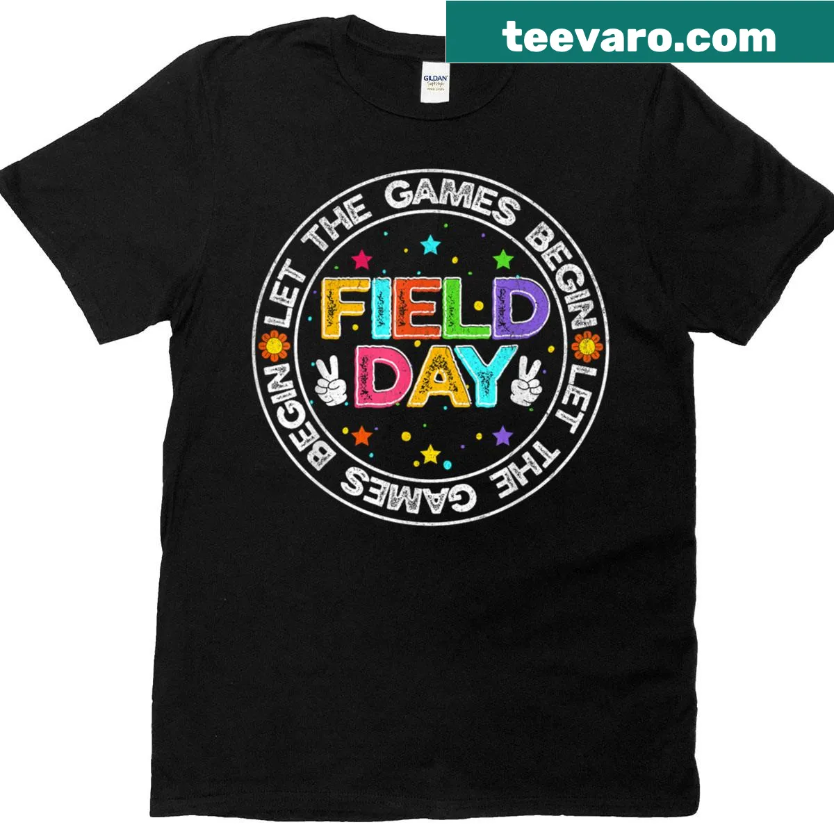 Illustrative t-shirt for teachers and kids featuring 'Let The Games Begin' — on a men's t-shirt