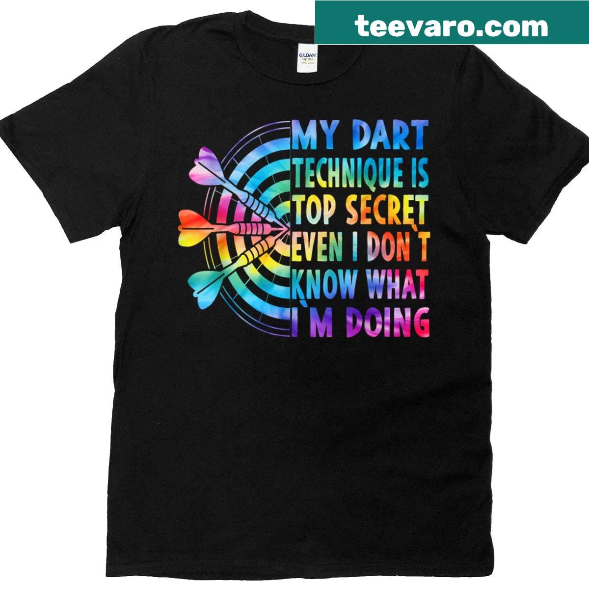 Funny dart player T-shirt with humorous dartboard graphic — on a men's t-shirt