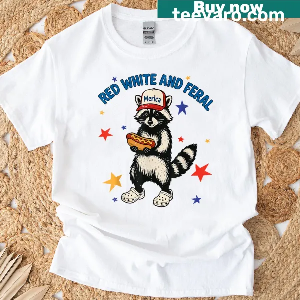 Cartoon raccoon with a hot dog for July 4th on T-shirt