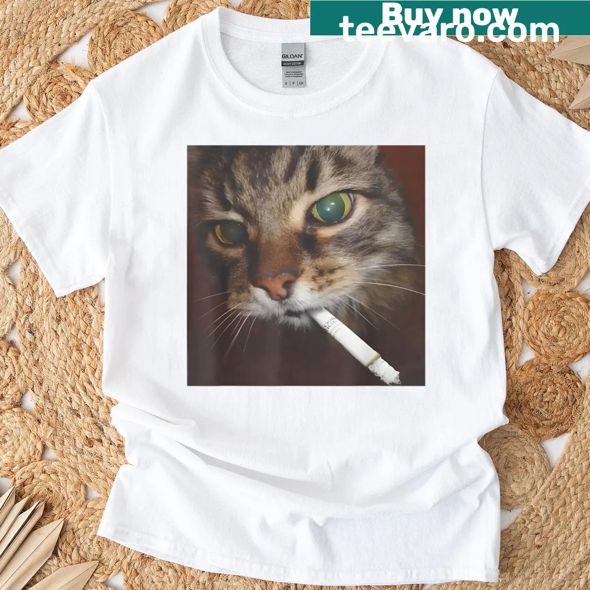 Cartoon of a cat smoking a cigarette on T-shirt — on a men's t-shirt