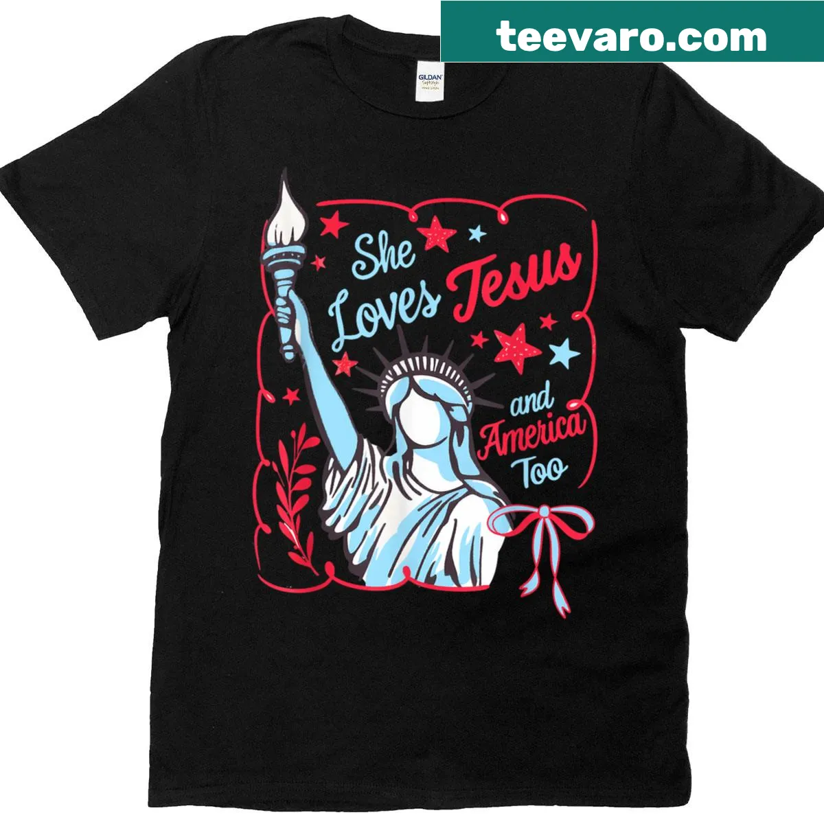 Illustrative t-shirt with 'Girl Loves Jesus' and American flag elements — on a men's t-shirt
