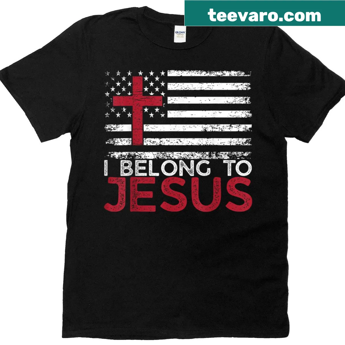 Christian t-shirt featuring a cross and USA flag design. — on a men's t-shirt