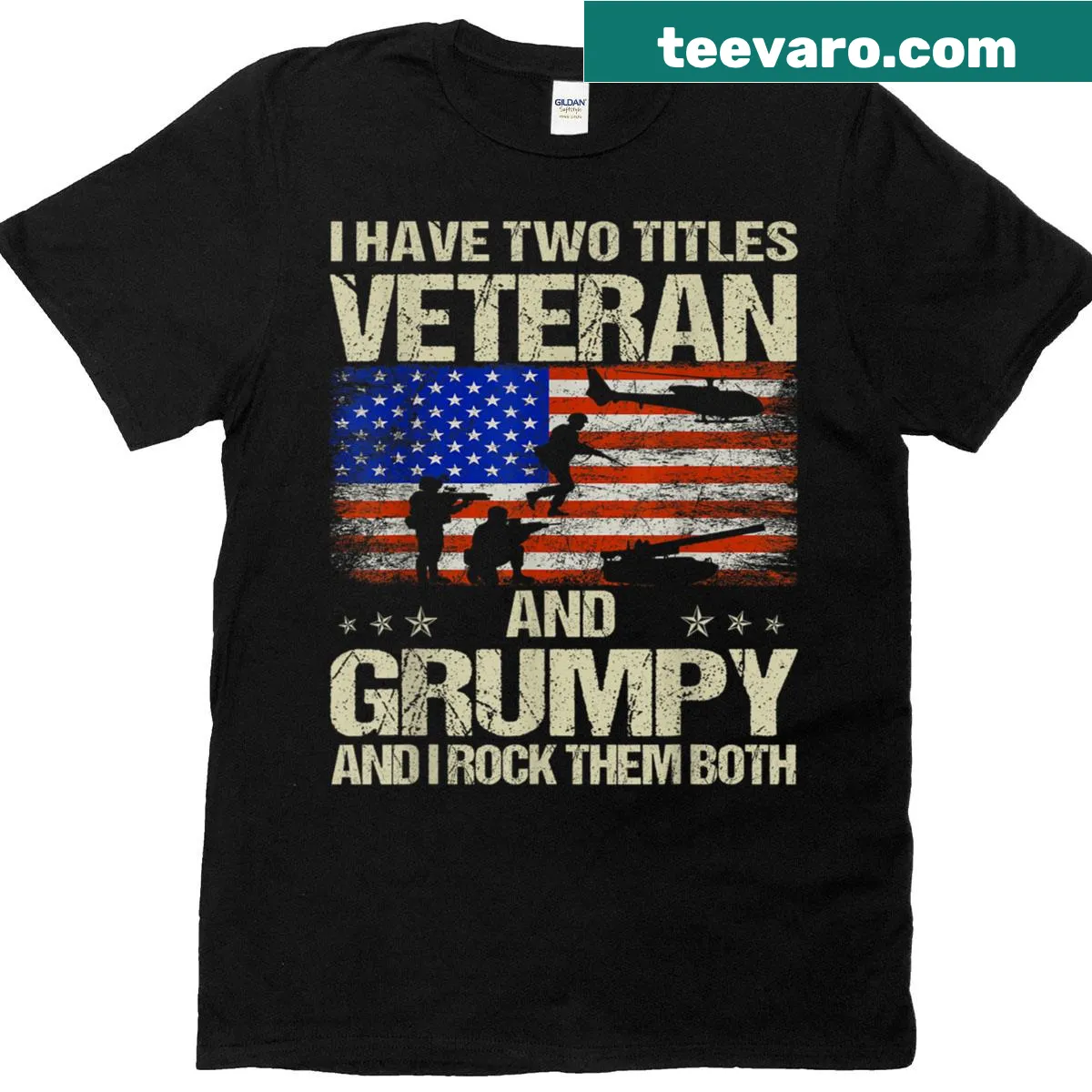 Funny t-shirt listing 'Veteran' and 'Grumpy Dad' as titles. — on a men's t-shirt