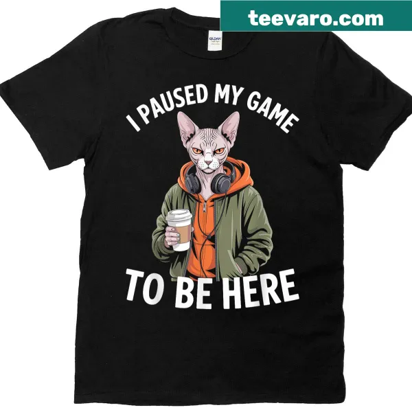 Funny gaming t-shirt featuring a Sphynx cat and humorous text.