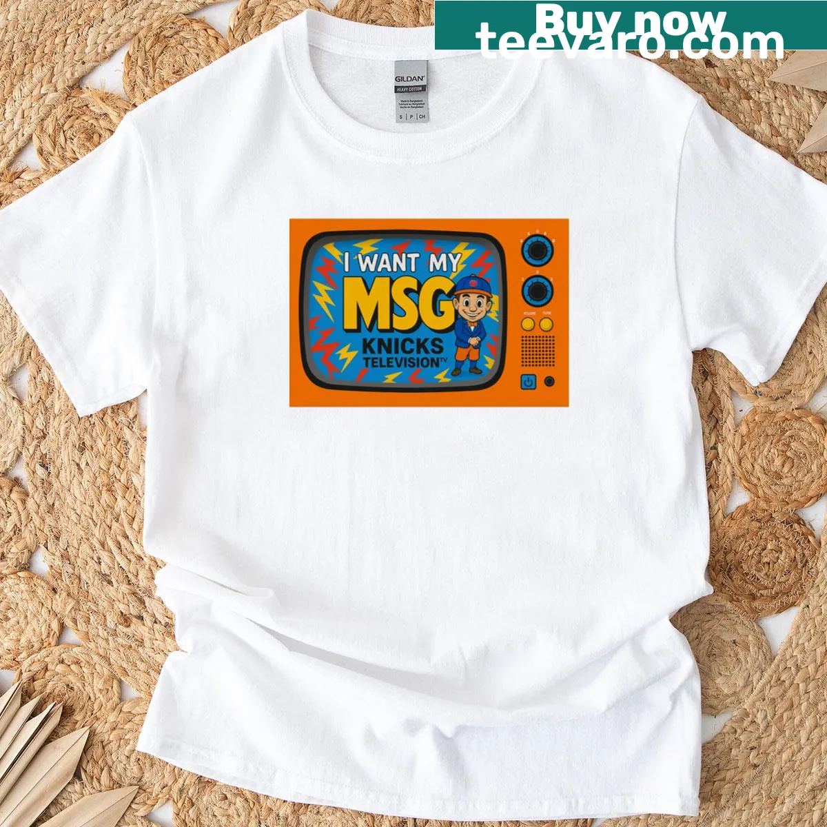Bold text graphic on I Want My Msg Knicks T-shirt. — on a men's t-shirt