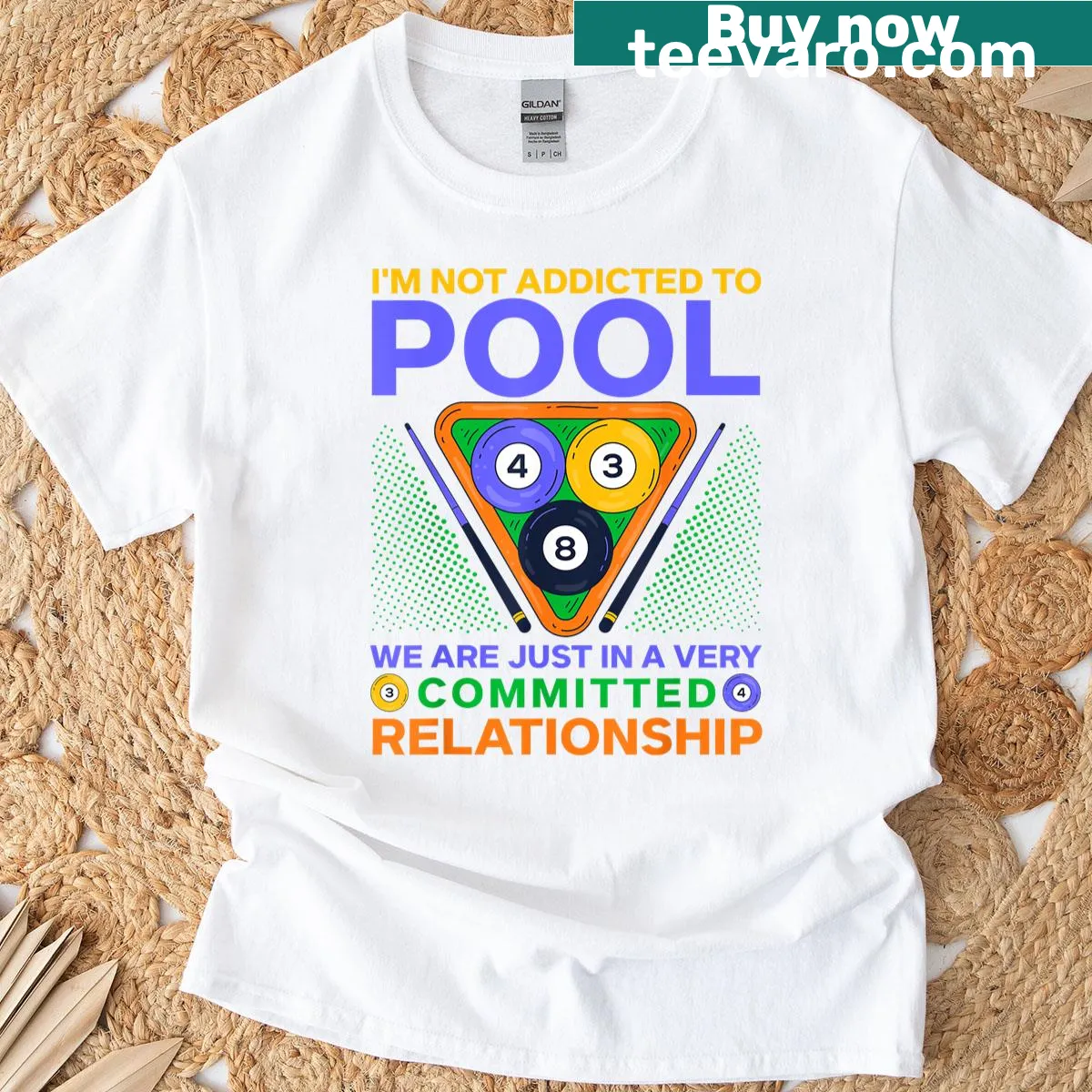 Funny billiards shirt with text about pool addiction — on a men's t-shirt