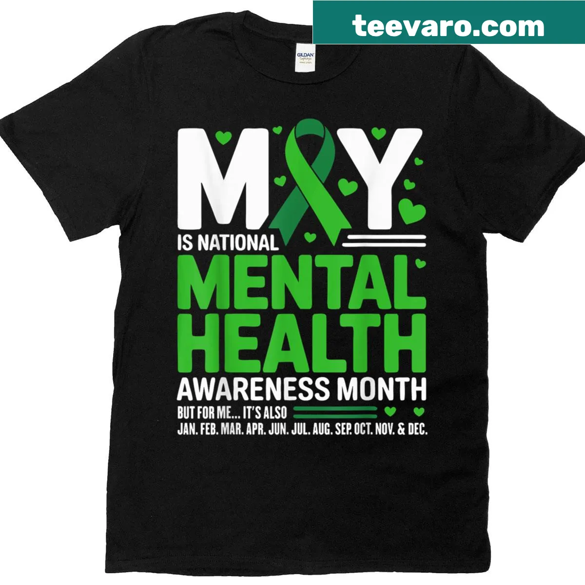 Green ribbon graphic for mental health awareness on t-shirt — on a men's t-shirt